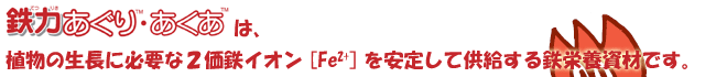 鉄力あぐり・あくあは、植物の生長に必要な２価鉄イオンを安定して安定して供給する鉄栄養資材です。