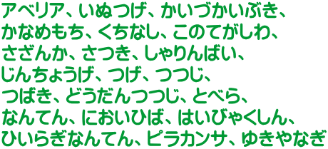 アベリア、いぬつげ、かいづかいぶき、 かなめもち、くちなし、このてがしわ、 さざんか、さつき、しゃりんばい、 じんちょうげ、つげ、つつじ、 つばき、どうだんつつじ、とべら、 なんてん、においひば、はいびゃくしん、 ひいらぎなんてん、ピラカンサ、ゆきやなぎ